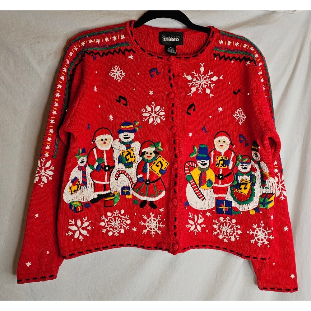 Ugly XMas Vintage Buttondown knitted Sweater Ws M. Rare. Embroidered allover.